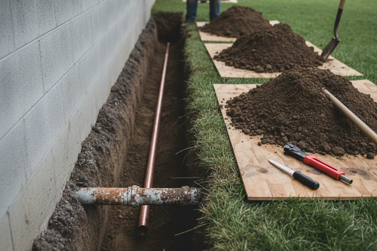 Excavated water line trench during Sewer Line Repair in Wahoo